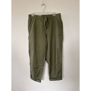 Talbots Womens Pull On Pants 6 Army Green Roll Tab Hem Elastic Waist Mid Rise